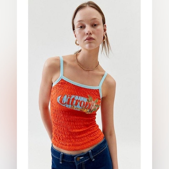 🪷NWT Urban Outfitters Fruit Printed Smocked Tank In Citron Combo, L - Picture 2 of 6